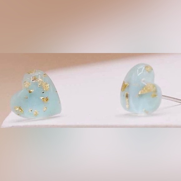 Blue Heart Gold Flake Fleck Glitter Sparkle Resin Dainty Tiny Stud Post Earrings - Picture 12 of 16